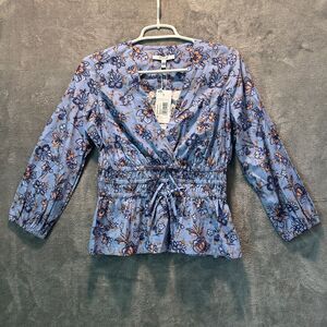 NWT NEW Derek Lam 10 Crosby Blue Floral‎ Cotton Smocked Peplum Top Size 0